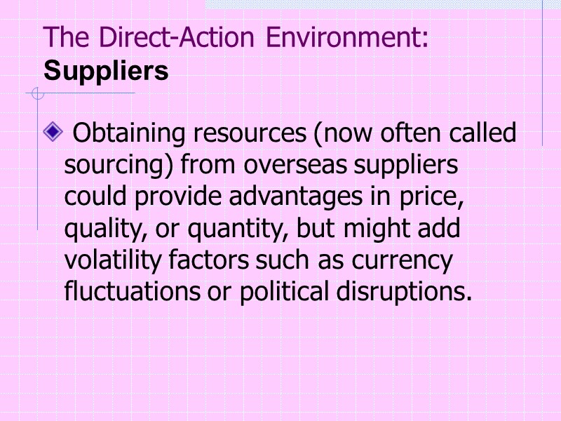 The Direct-Action Environment: Suppliers   Obtaining resources (now often called sourcing) from overseas